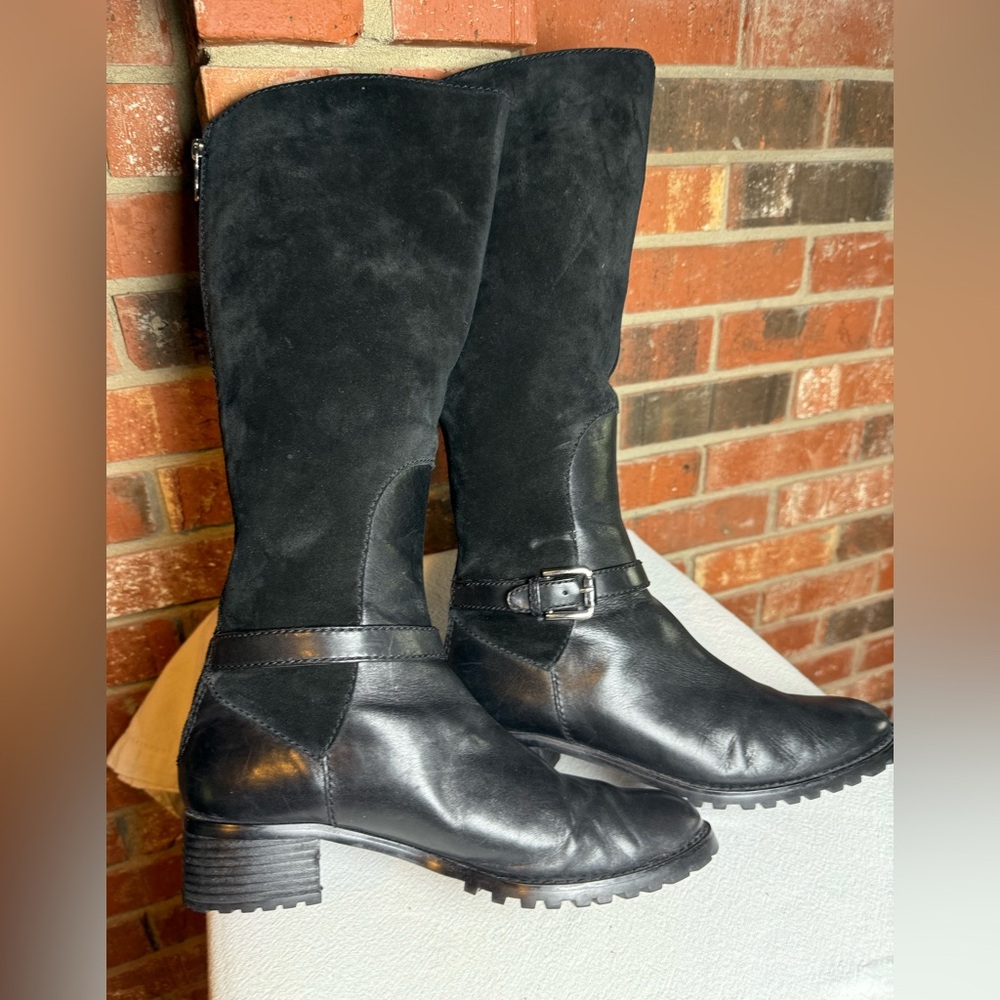 Etienne Aigner Vandalay Knee High Black Leather Suede Rear Zipper Boots Biker